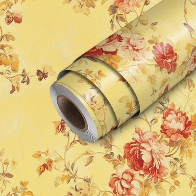 Papel Pintado Floral Amarillo Vintage con Acento Peonía Roja Peeling y Stick Contacto... Foto 1 de 4