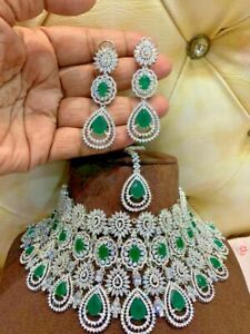 Bollywood Style CZ Indian Silver Plated Green Choker Necklace Bridal Jewelry Set