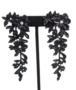 Boho Black Flower Crystal Runway Gothic Bold Chunky Dangle Pierced Earrings - Picture 1 of 13