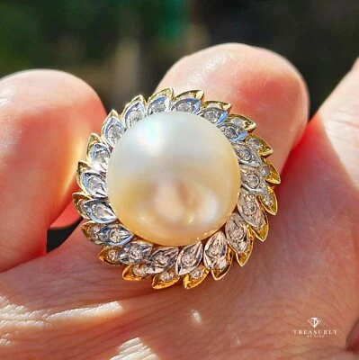 Vintage Estate 14.40mm South Sea Pearl 0.50ct Diamond 14k White Yellow Gold Ring - Image 1 of 4