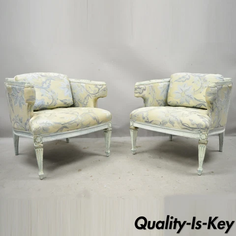 Vintage French Provincial Louis XVI Blue & Cream Painted Club Chairs - a Pair Cover