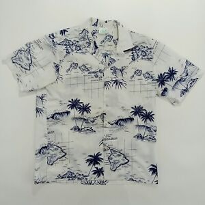 Vintage Jade Fashions Hawaiian Island Chart Men's Shirt Size M White Blue