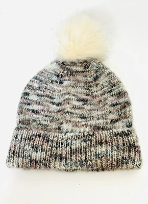 Loft Ann Taylor Tejido Invierno Pom Sombrero Rosa Gris Dorado Tejido Gorro Foto 1 de 4