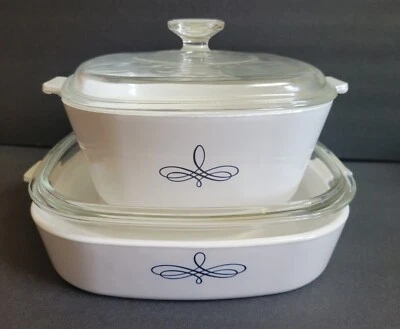 HTF Corning Trefoil Skillet  & 2 1/2 qt Casserole Dish w/ Pyrex Lids A12C A9C - Image 1 of 4