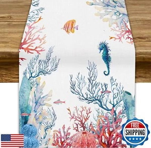 Ocean Seahorse Table Runner, Nautical Coastal Tropical Sea Life Underwater Co - Picture 1 of 5