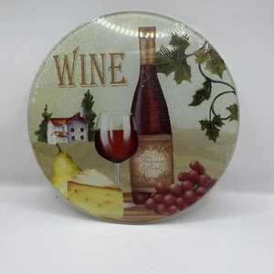 GLASS CUTTING BOARD/TRIVET, ROUND,8 ",CHEESE, 1 WINE BOTTLE, 1 GLASS & GRAPES,GR - Picture 1 of 2