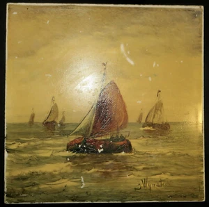genuine antique J Wynstra 1880 PAINTING on TILE Germany Fishing Boat Handpainted - Picture 1 of 12