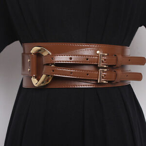 Lady Cowhide Leather Belt Corset Double Prong Buckle Waistband Chic Decorative