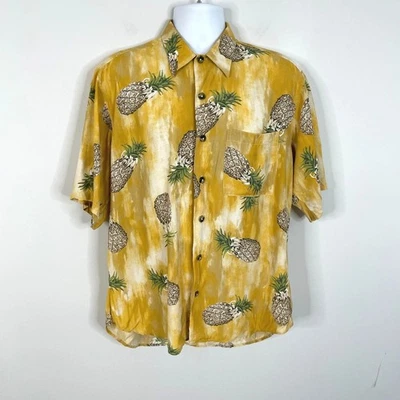 Vintage Ike Behar Mens Hawaiian Tiki Shirt Medium Gold Pineapple Cruise Resort - Image 1 of 4