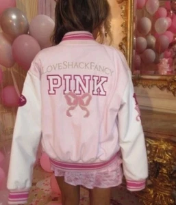 PINK x LoveShackFancy Boyfriend Varsity Jacket BRAND NEW XS ๐๐ธ IN HAND - Picture 1 of 7