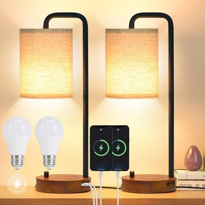 Table Lamps Set of 2 with USB Ports and Wooden Base, Bedside Nightstand Lamps... - Image 1 of 4