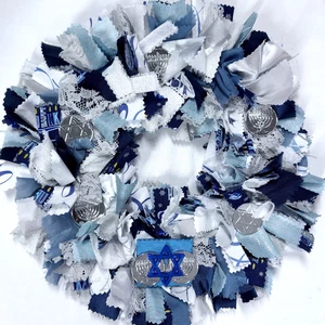HANUKKAH RAG WREATH 10" HANDCRAFTED DOOR WALL DECOR CANDLE RING HOLIDAY GIFT - Picture 1 of 4