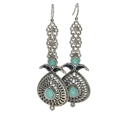 Lucky Brand Statement Dangle Earrings Silver Tone Faux Turquoise Boho Festival - Image 1 of 4