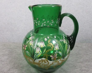 Depression Era Green Glass Pitcher Faded Gold Rim Accent Floral Hand Painting - Picture 1 of 12