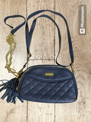 Joy Iman Blue Leather Crossbody Travel Shoulder Bag Tassels Straps Quilted - Image 1 of 4