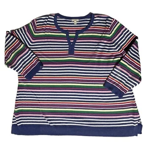 Talbots Woman 2X Blue Multi Color Striped 3/4 Round Split Neck Sweater - Picture 1 of 4