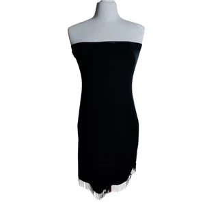 Vintage schwarz Samt Röhre trägerloses Kleid Perlen Fransen Y2K Club Gr. Large - Bild 1 von 9