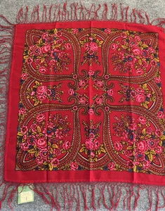 Bufanda de lana vintage Pavlovo Posad para mujer 35x35 rojo floral flecos Rusia años 90 - Imagen 1 de 5