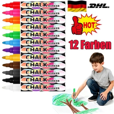 12 Farben Kreidestifte Kreidemarker Tafel Fenster Neon Kreide Stift abwischbar - Bild 1 von 4