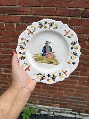 C.1890s Quimper PB Beatrix popular Malicorne Sitting Walking Stick Man Plate 8” - Image 1 of 4