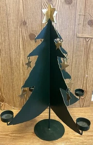 Eddie Bauer Green Metal Christmas Tree Tealight Candle Holder Gold Stars Large - Picture 1 of 8