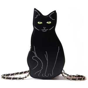 Black Cat Shaped Halloween Goth Novelty Purse Zipper Crossbody Bag Gold Chain - Picture 1 of 5