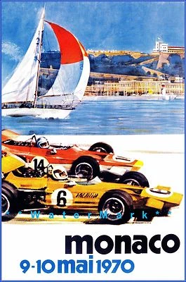 Gran Premio de Mónaco 1970 Carreras de Coches Vintage Póster Impresión Turismo Vela Decoración Arte Foto 1 de 4