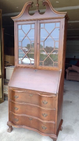 Vintage Mahogany Serpentine Drawer Drop Front Chippendale Style Secretary Desk Cover