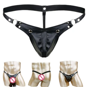 Mens Faux Leather Open Front Panties G-string Sexy Underwear with Buckle Cutout - Picture 1 of 23