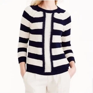J Crew Sweater Medium Navy Ivory Stripe Linen Blend Chunky Knit Women - Picture 1 of 12