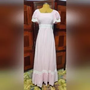Woman's Vintage Candi Jones California Light Pink w/ White Lace Maxi Dress 1970s - Picture 1 of 16