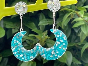BLUE MOON EARRINGS Resin kawaii stars and celestial glitter seventies holograph - Picture 1 of 8