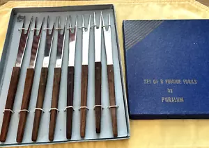 8 Vtg Puralum Fondue Forks Stainless Steel In Box Wood Handle Retro 2 Pronged - Picture 1 of 5