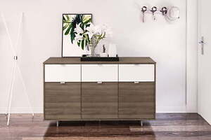  54 in. Modern Sideboard with 3 Doors and 3 Drawers, Walnut & White