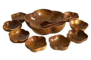 Vintage Monkey Pod Philippines Wood Salad Bowl 10 Piece Set Scallop Shaped - Picture 1 of 24