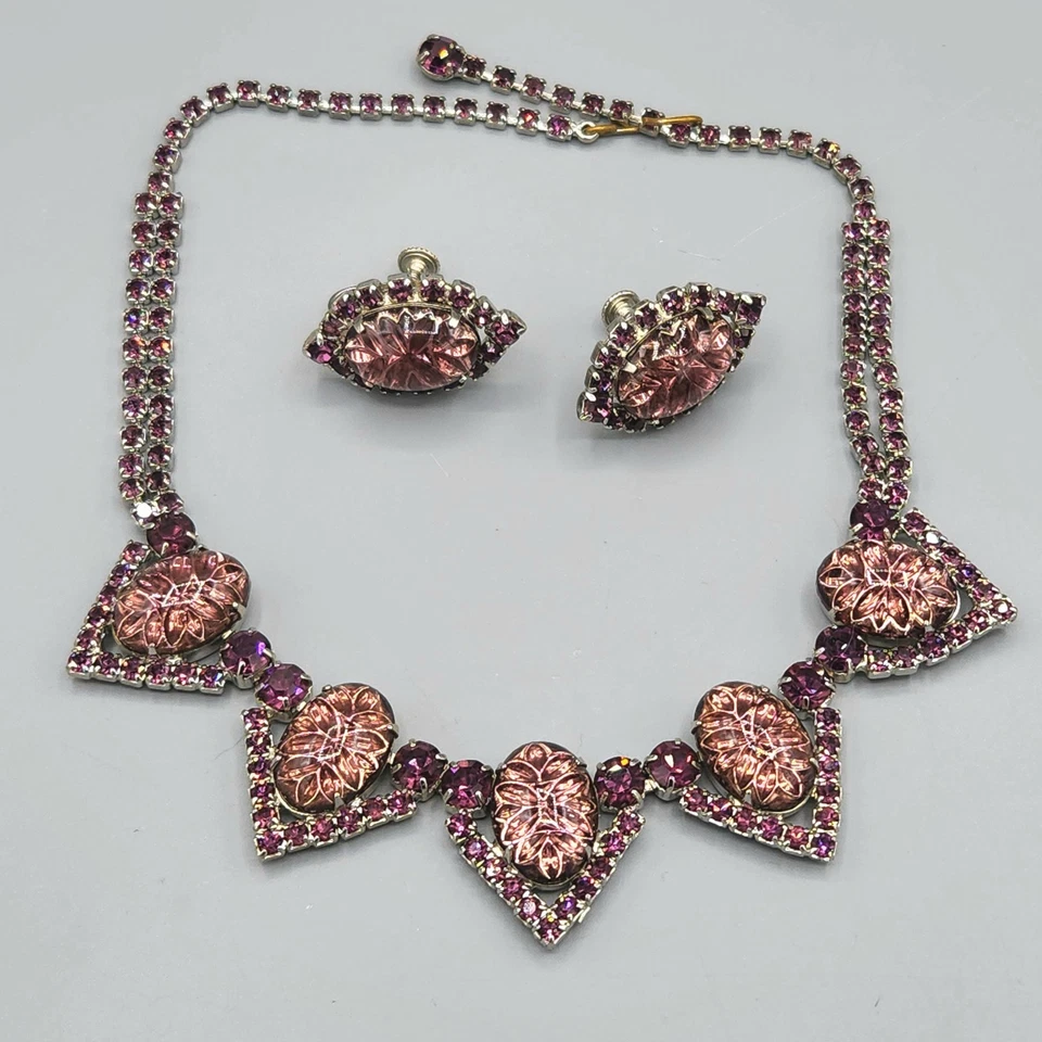 Vintage Purple Reversed Carved Art Glass Cab Rhinestone Necklace 15" & Earrings - Image 1 of 4