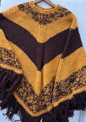 Vintage 60’s 70s Knit Poncho Cape Gold Brown football Hippie One Size Hand Made - Image 1 of 4
