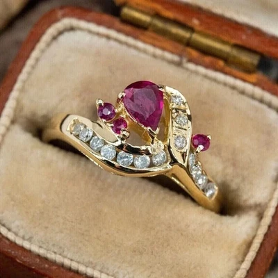 Lab Created Ruby 2Ct Pear Cut Solitaire Engagement Ring 14K Yellow Gold Plated - Image 1 of 4