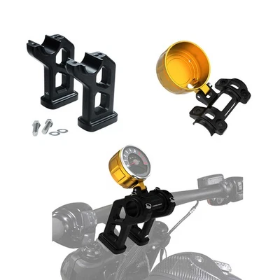 Black 5" Tall Riser with Gold Housing Gauge Bracket Fits 2018-25 Fat Bob FXFB/S Foto 1 de 4