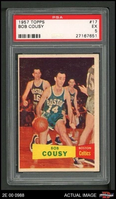 1957 Topps #17 Bob Cousy Celtics doble impresión RC HOF Holy Cross PSA 5 - EX Foto 1 de 2