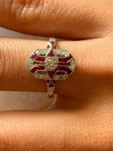 3Ct Round Lab Created Diamond Art Deco Wedding Ring 14K White Gold Plated - Picture 1 of 5