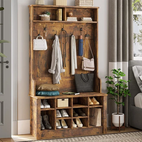 Brown Hall Tree Entrywa Shoe Bench with Coat Rack 10 Adjustable Shoe Storage Cover
