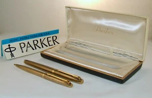 VINTAGE PARKER 75 VERMEIL FOUNTAIN PEN & BALLPOINT BOXED SET - STERLING & G.F. - Picture 1 of 20