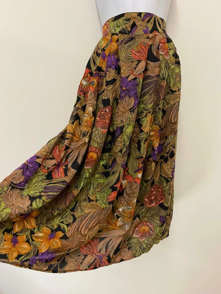 Vintage Skirt Size 12 Boho Midi Floral Arty Brown Pleated Floaty Slimming  - Image 1 of 4