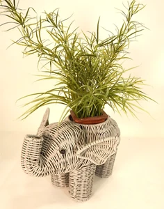 Grey Rattan Plastic Resin Wicker Elephant Planter w/Plant 9.5” h x 14”L x 4.75”D - Picture 1 of 9