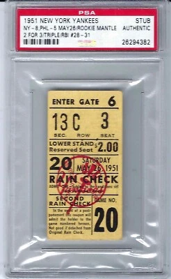 1951 Mickey Mantle Rookie Season  Yankees Ticket Stub  Triple 4 RBIs PSA - Image 1 of 2