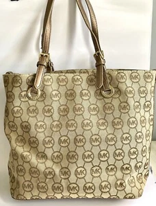 Michael Kors Jet Set Grab Bag Tote MK Monogram Jacquard Gold Shimmer - Picture 1 of 13