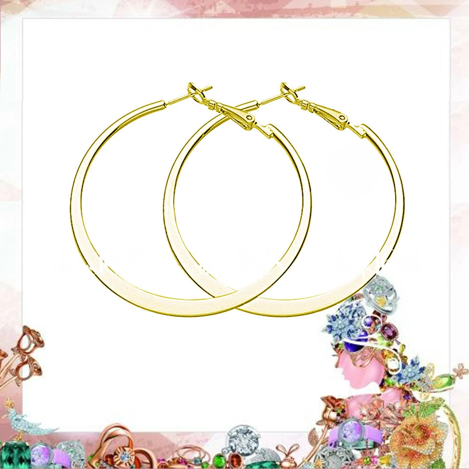 925 Sterling Silver/18K Gold Filled Tarnish-Free FLAT X-Large Hoop Earrings G903 - Image 1 of 1