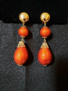 Vintage Fabulous Burnt Orange Gold Tone Dangle Clip On Earrings - Picture 1 of 4