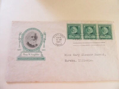 Henry W. Longfellow (American Poet) 1c Stamp 1940 Fdc Sc#874 Ioor Cover [#2} - Image 1 of 2